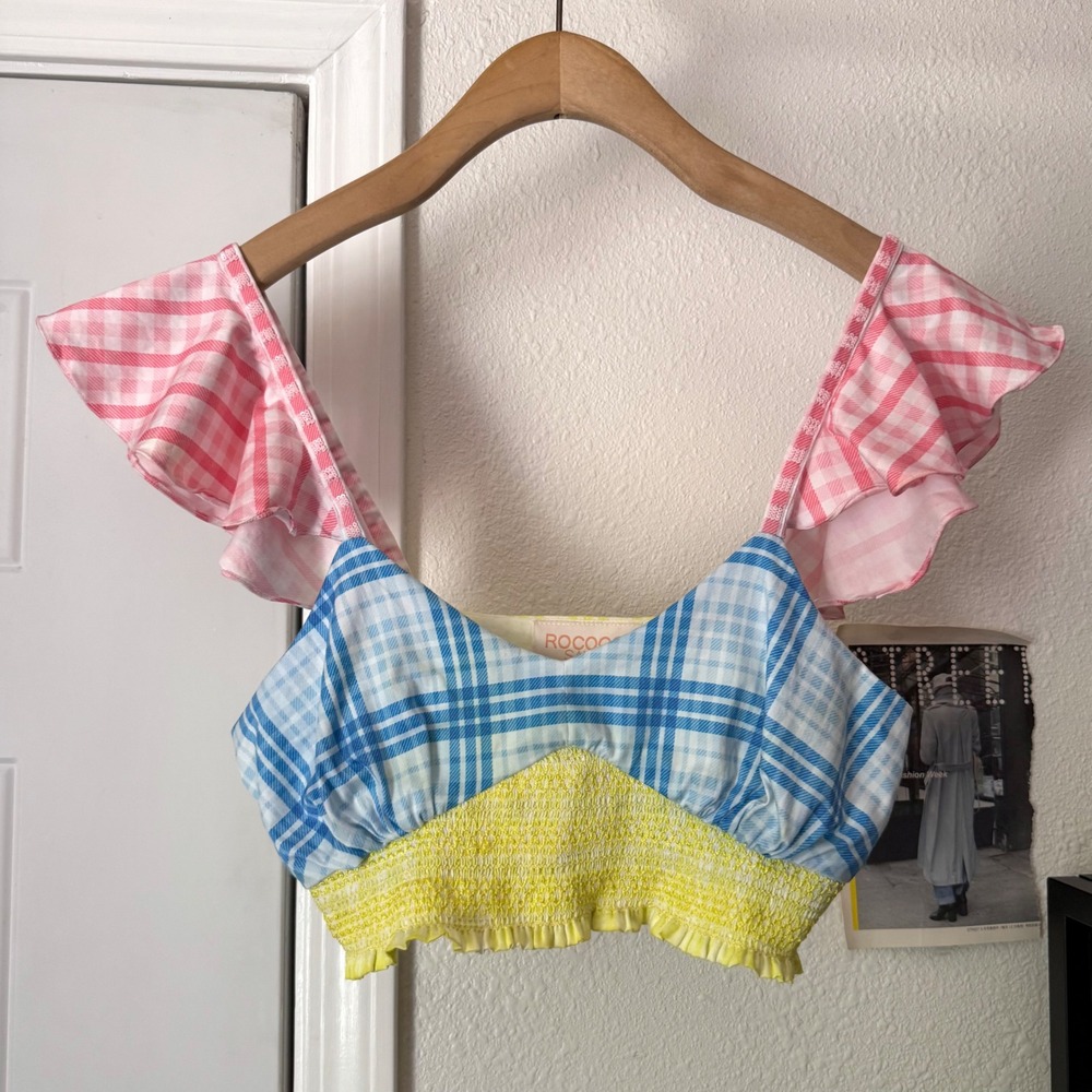 ROCOCO SAND pastel multicolor gingham plaid color block ruffle cropped tankโ top